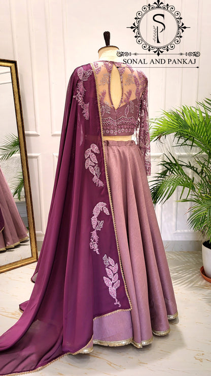 Mauve Embroidered Blouse With Beautiful Wine Duppatta & Lehenga On Sale - LH01540