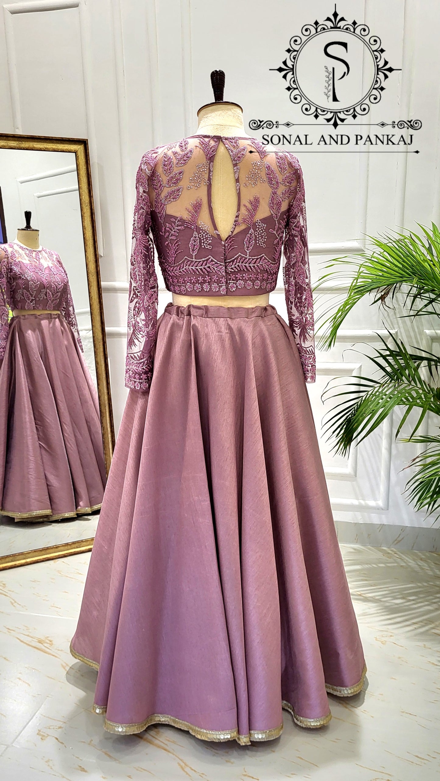 Mauve Embroidered Blouse With Beautiful Wine Duppatta & Lehenga On Sale - LH01540
