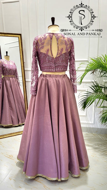 Mauve Embroidered Blouse With Beautiful Wine Duppatta & Lehenga On Sale - LH01540