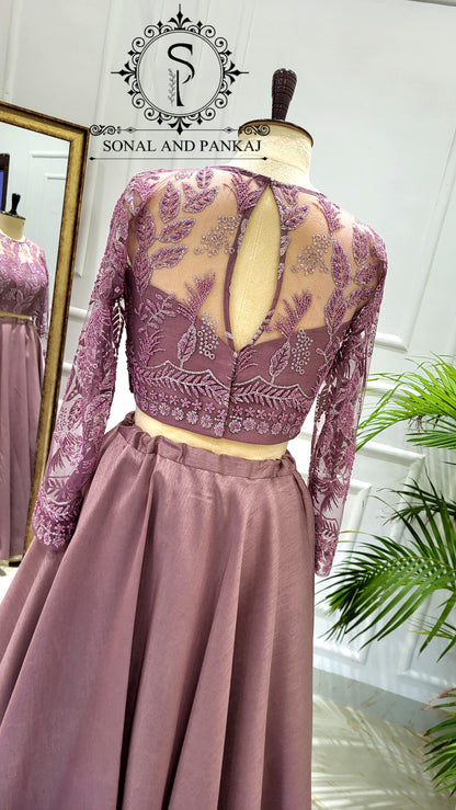Mauve Embroidered Blouse With Beautiful Wine Duppatta & Lehenga On Sale - LH01540