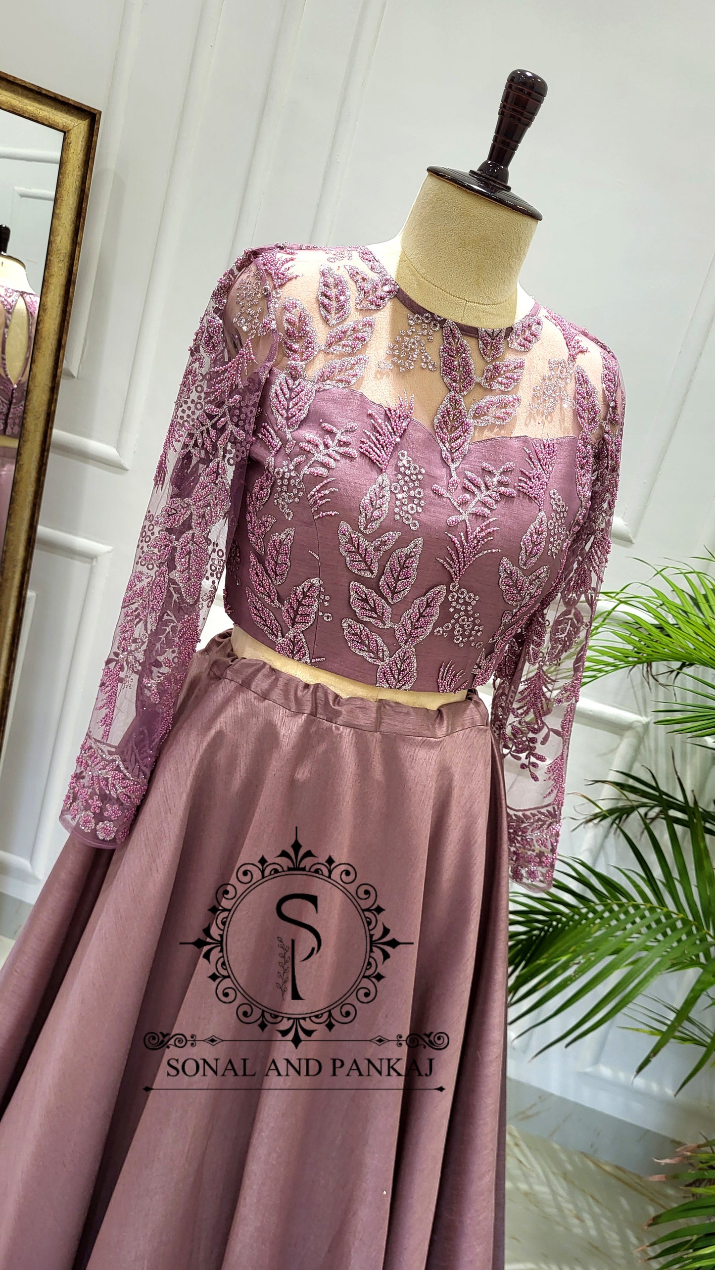 Mauve Embroidered Blouse With Beautiful Wine Duppatta & Lehenga On Sale - LH01540
