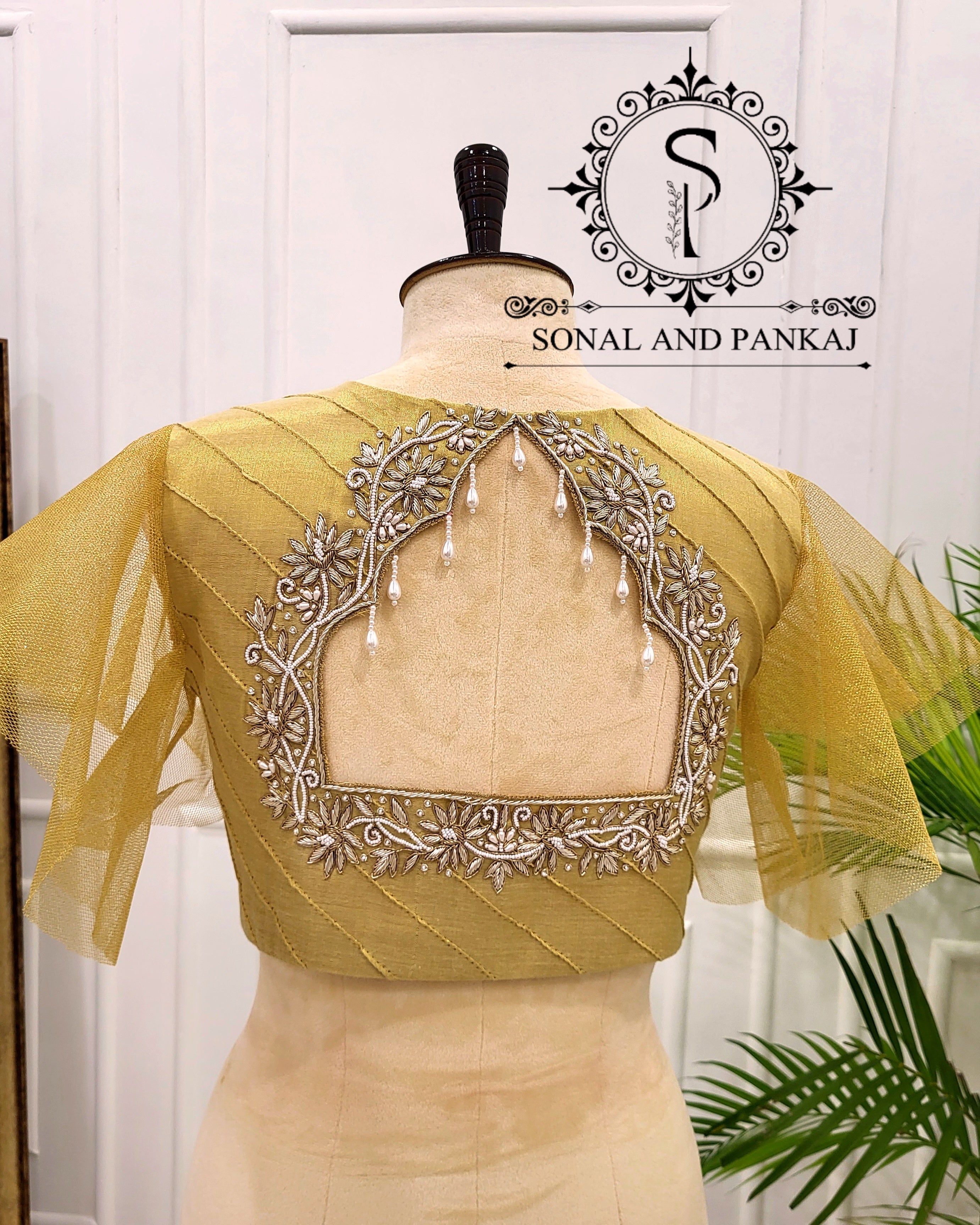 Stylish Golden Zardozi & Pearl Hand Embroidered Blouse - BL01555