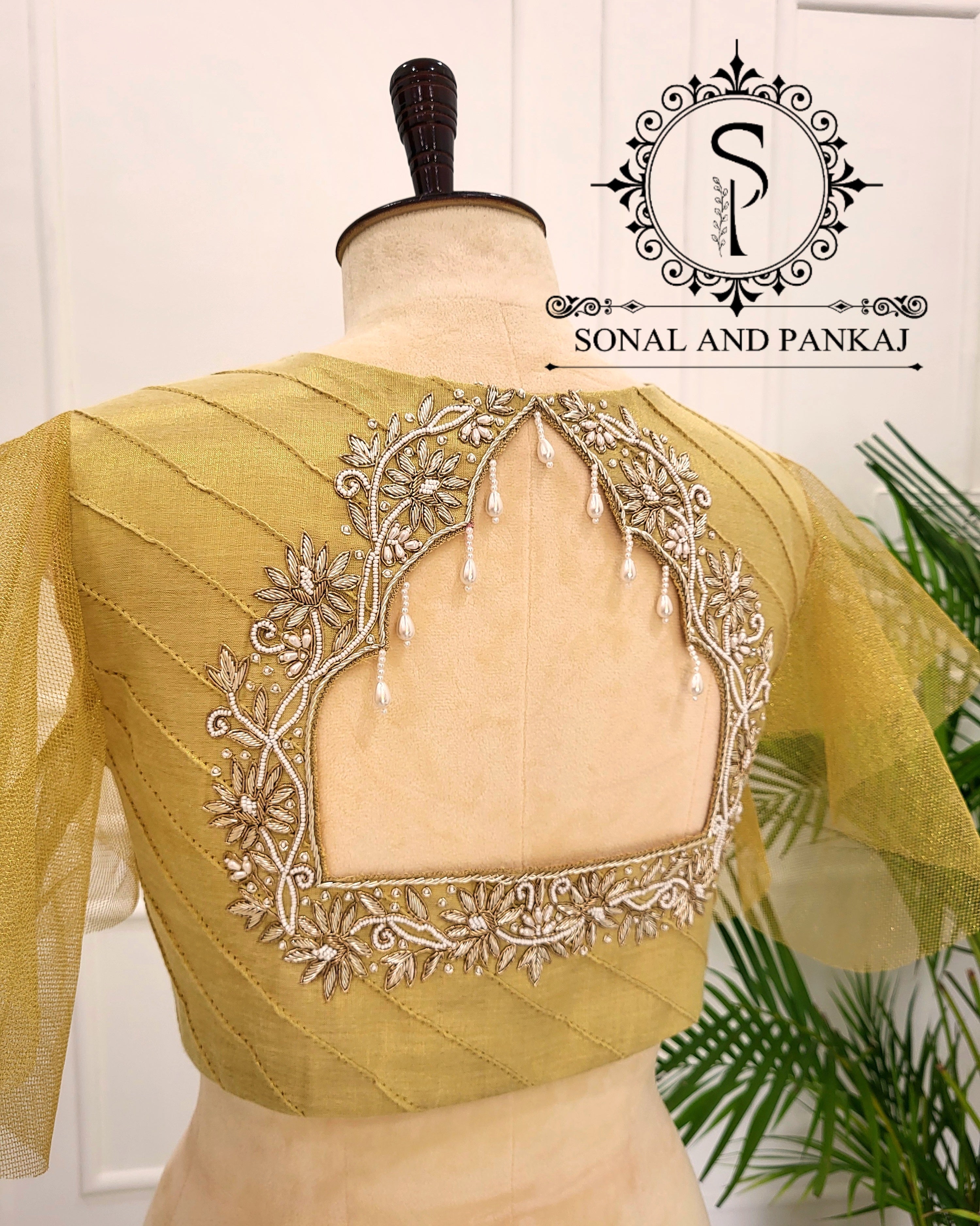 Stylish Golden Zardozi & Pearl Hand Embroidered Blouse - BL01555