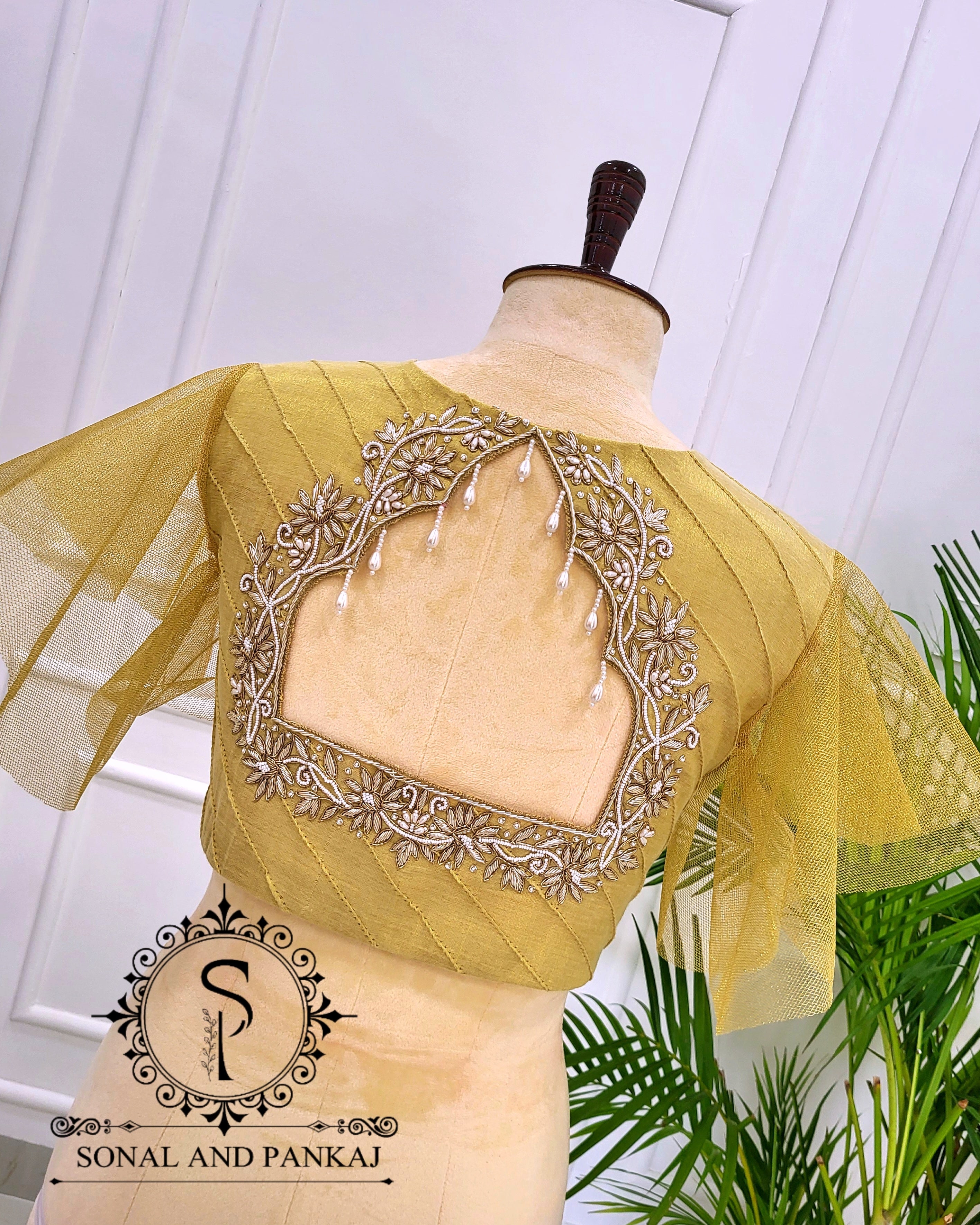Stylish Golden Zardozi & Pearl Hand Embroidered Blouse - BL01555