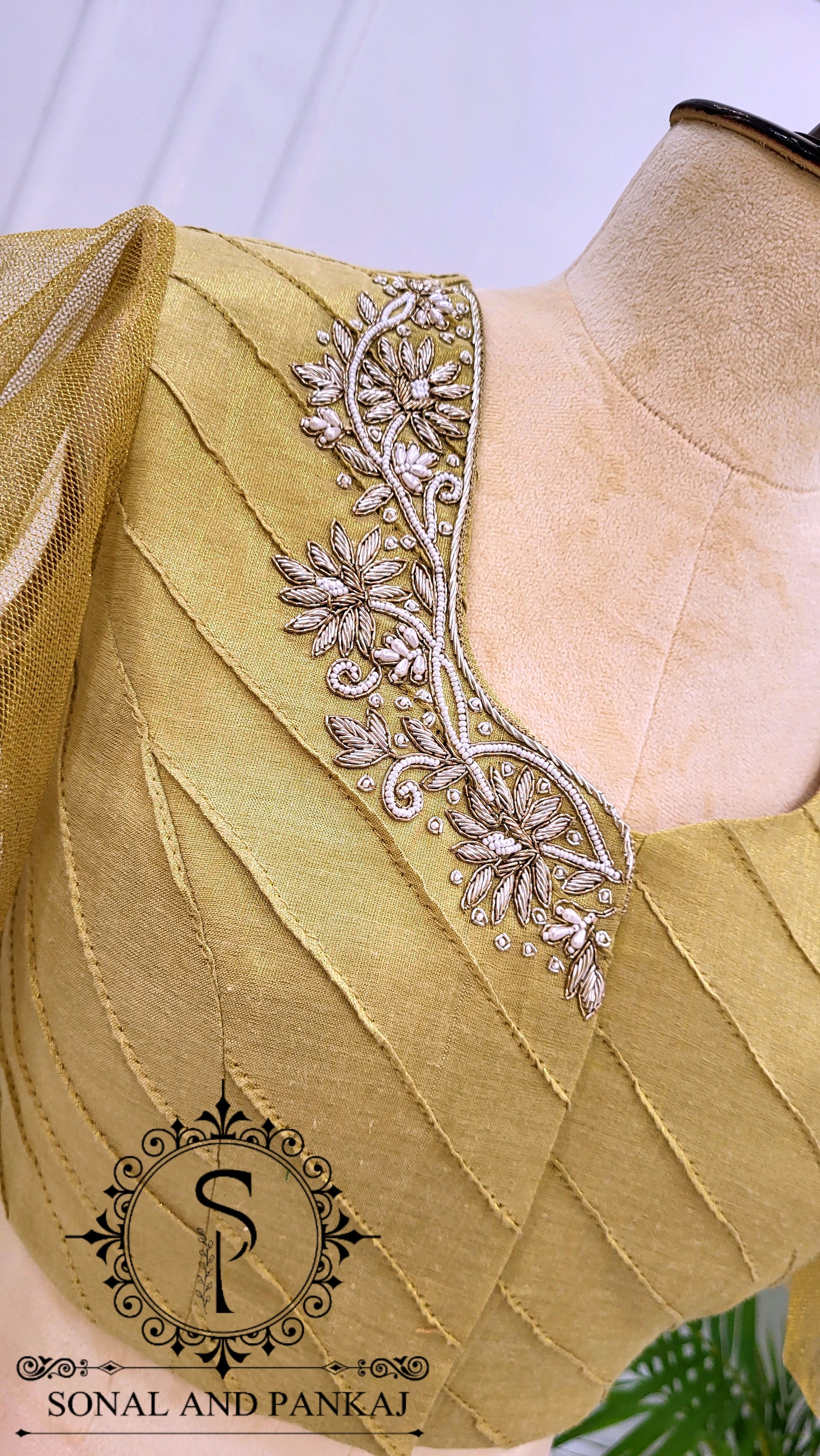 Stylish Golden Zardozi & Pearl Hand Embroidered Blouse - BL01555