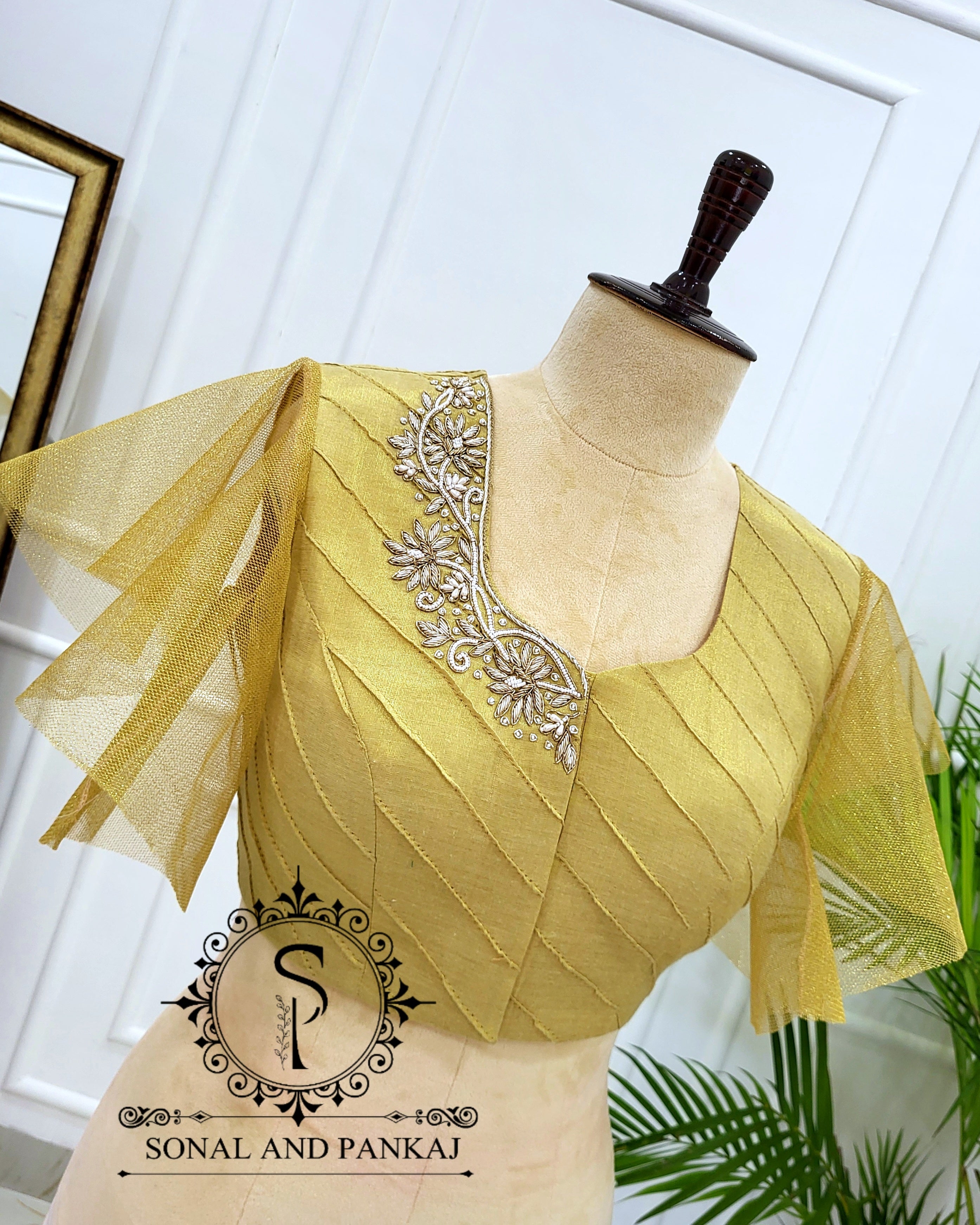 Stylish Golden Zardozi & Pearl Hand Embroidered Blouse - BL01555