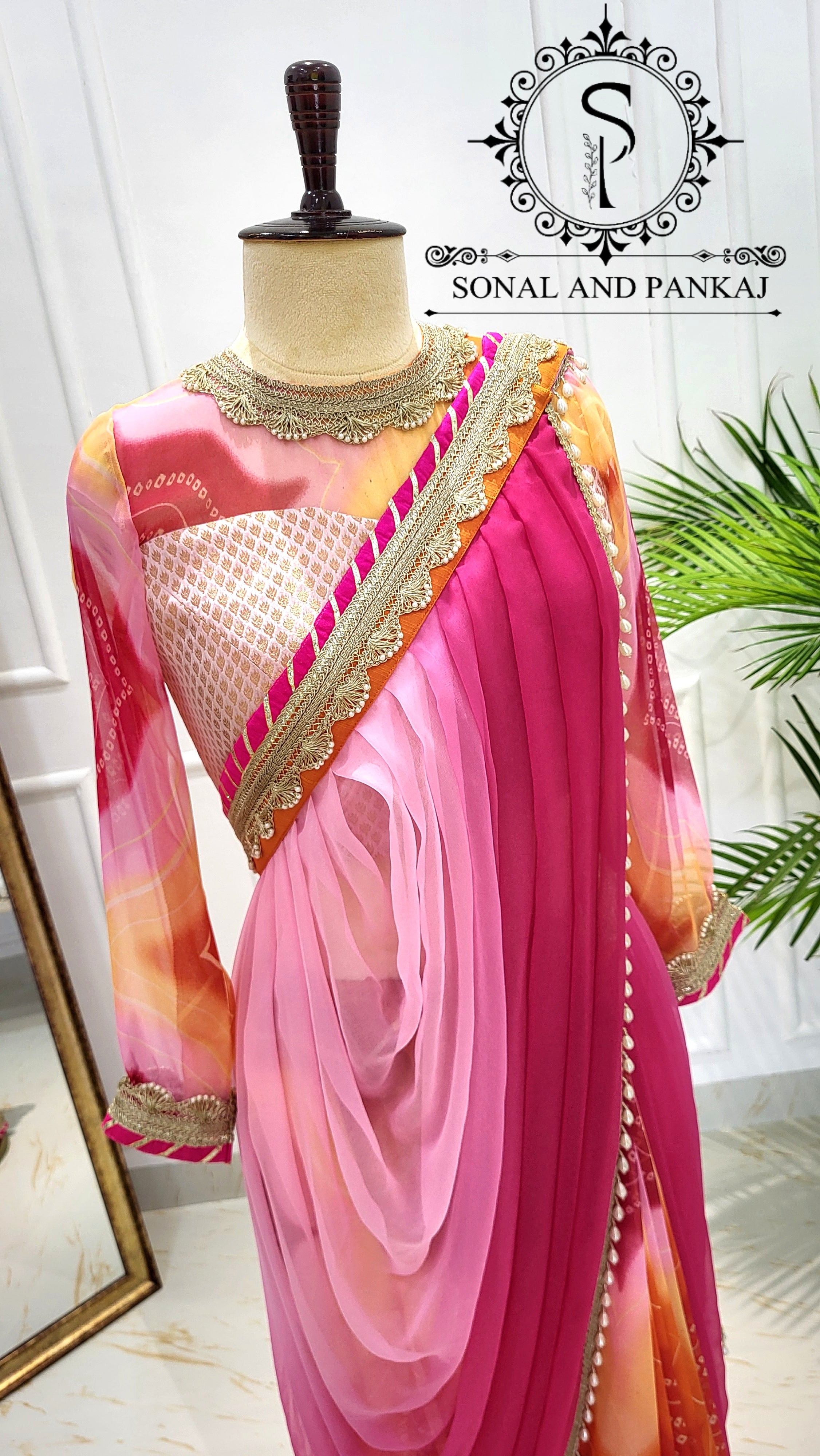 Beautiful Designer Blouse With Ombre & Bandhani Print Ready To Drape Cowl Saree - SA01561