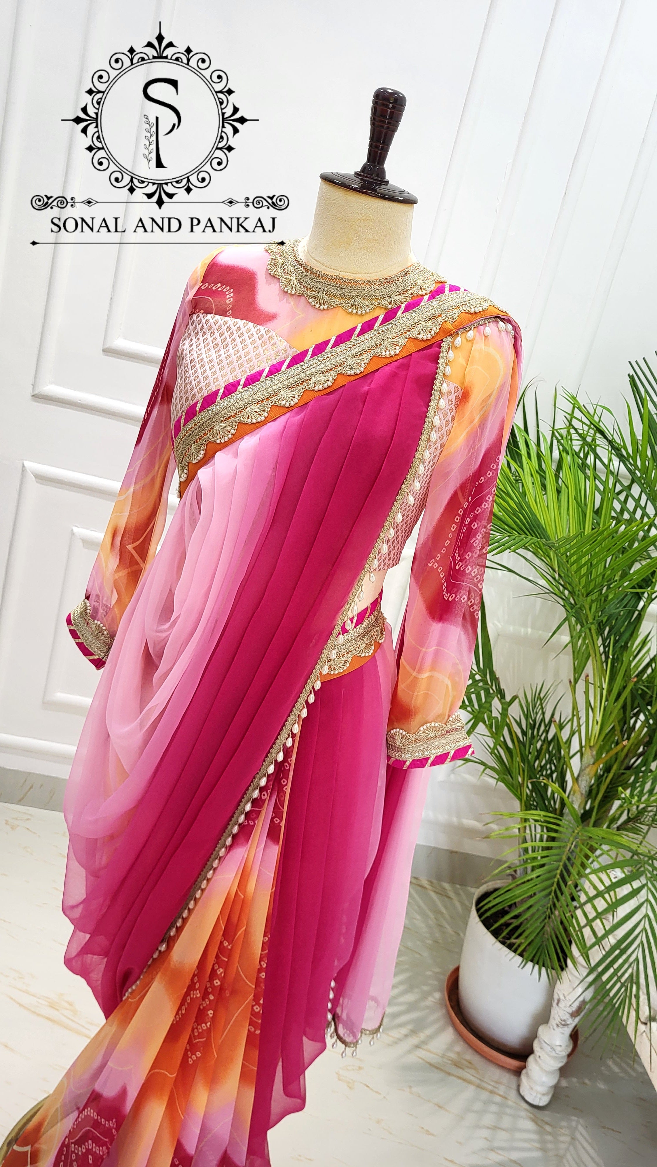 Beautiful Designer Blouse With Ombre & Bandhani Print Ready To Drape Cowl Saree - SA01561