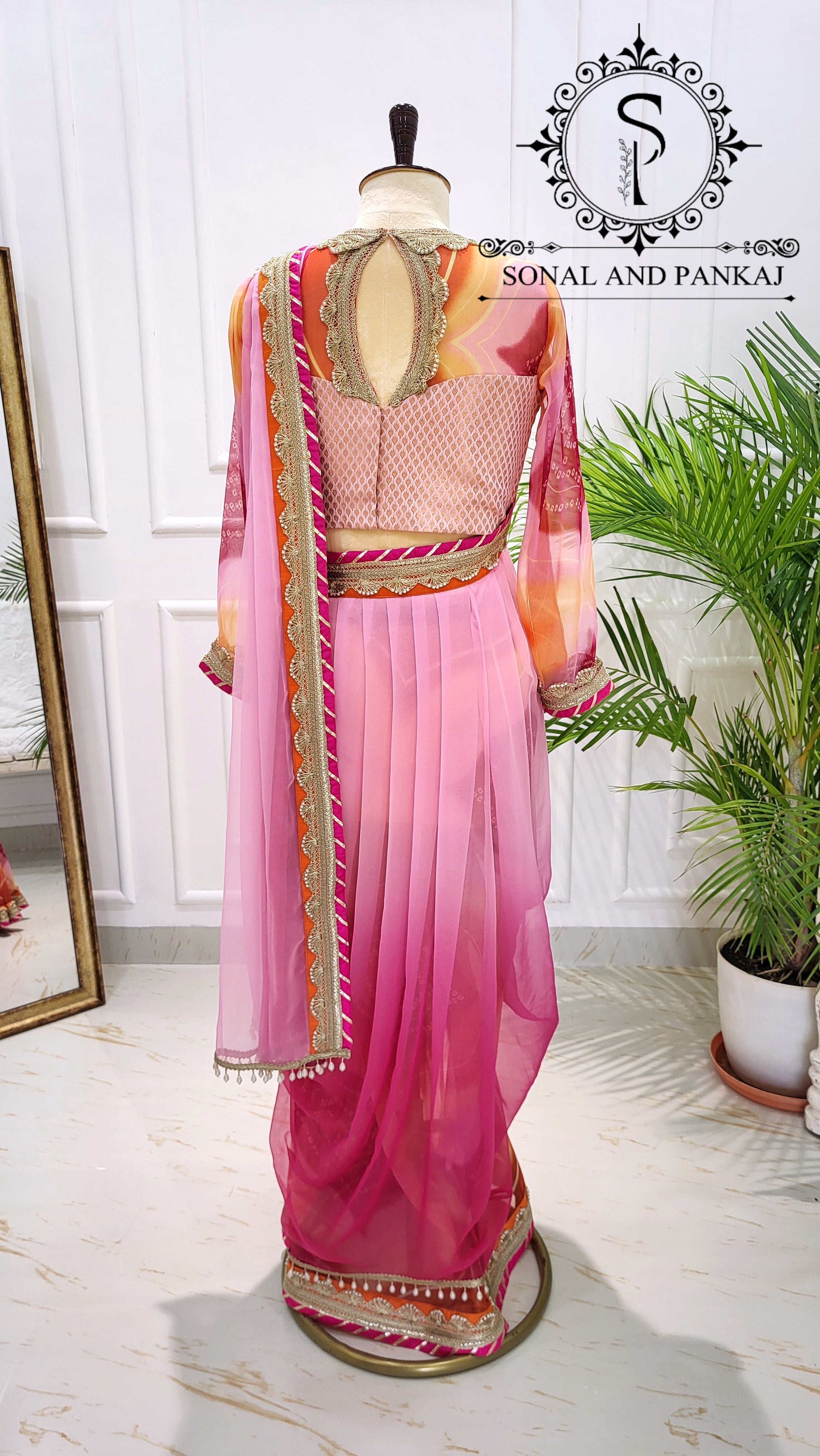 Beautiful Designer Blouse With Ombre & Bandhani Print Ready To Drape Cowl Saree - SA01561