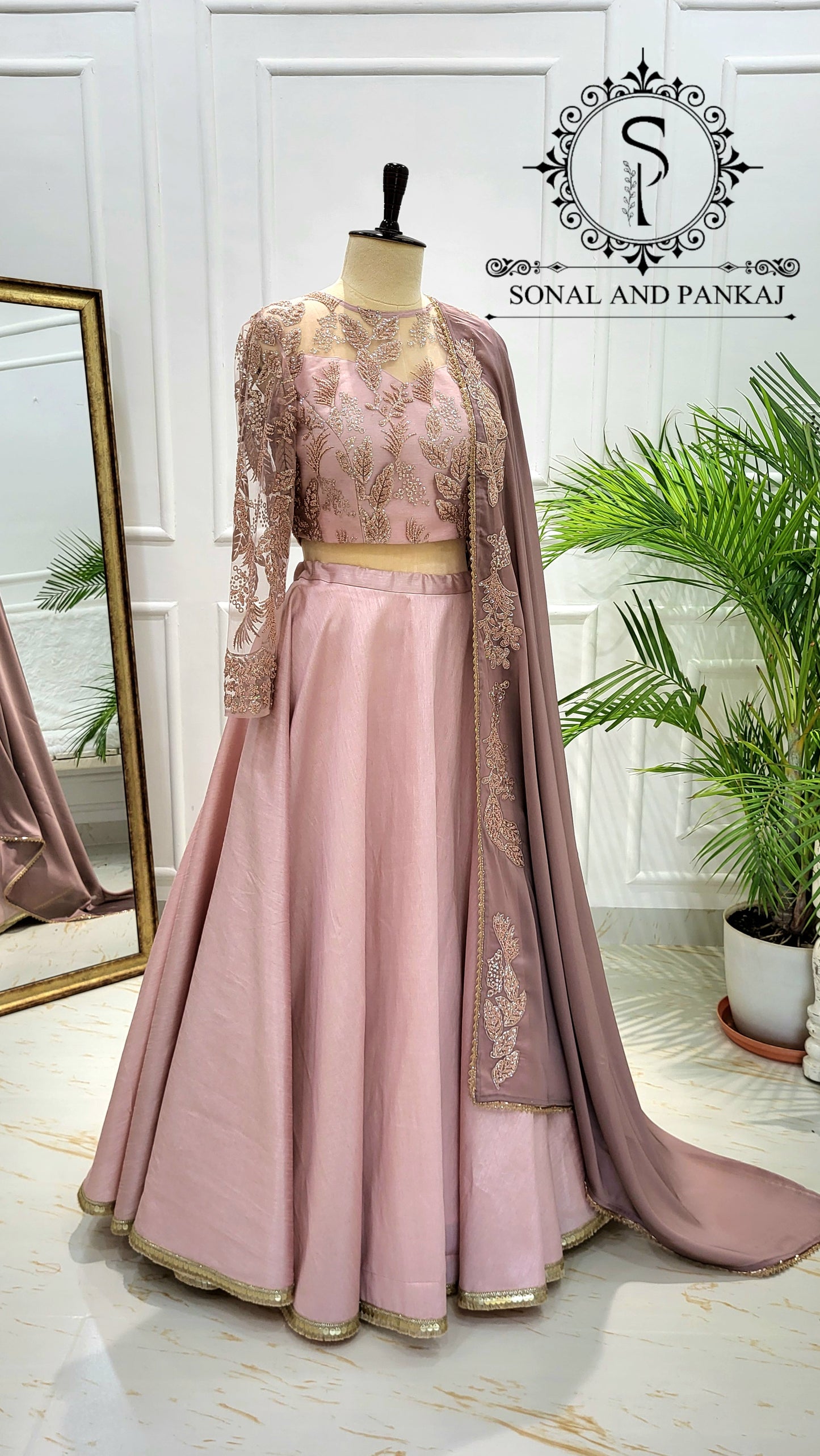 Dusty Mauve Duppatta With Dusty Blush Pink Embroidered Blouse & Lehenga - LH01565