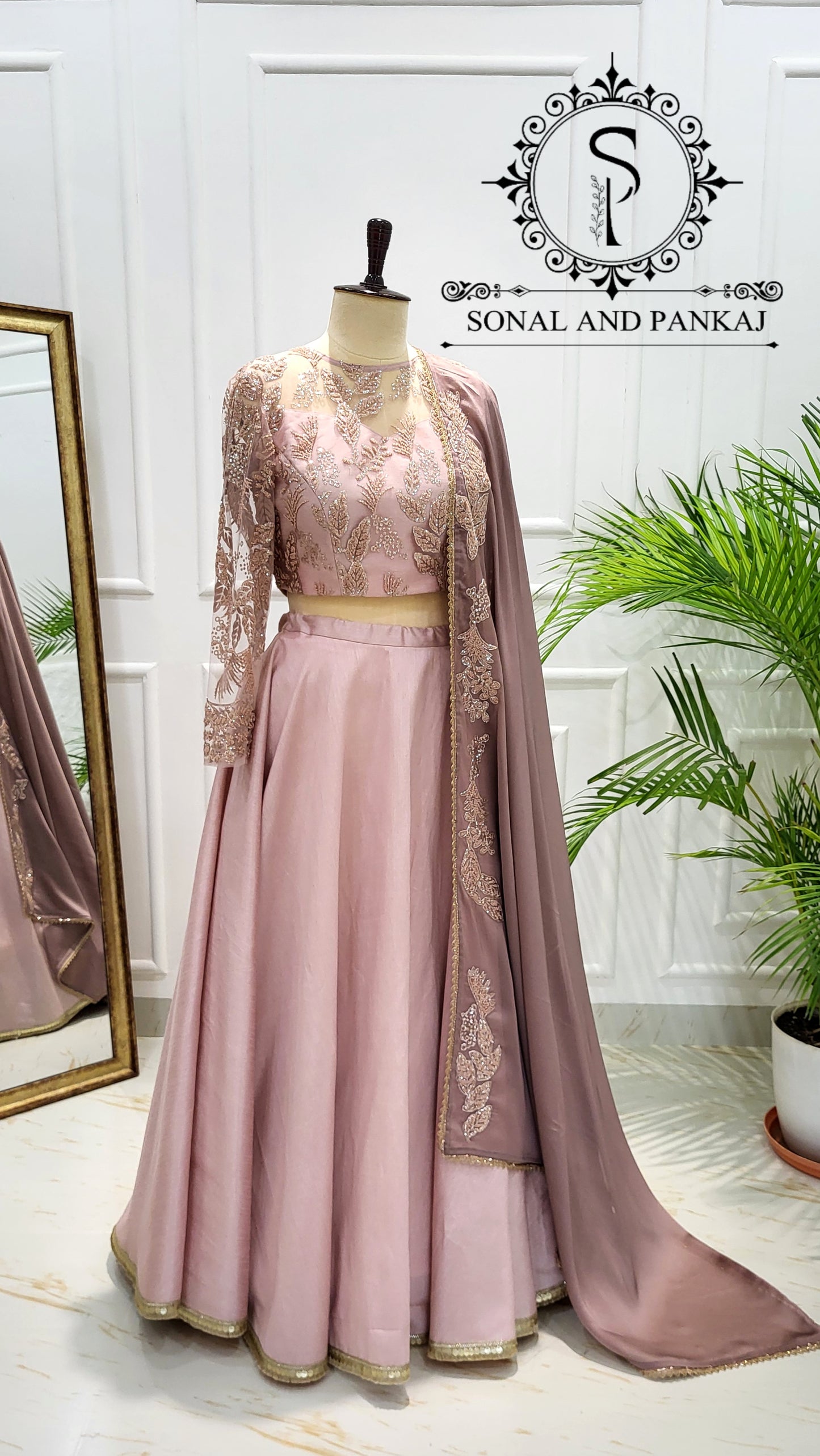 Dusty Mauve Duppatta With Dusty Blush Pink Embroidered Blouse & Lehenga - LH01565