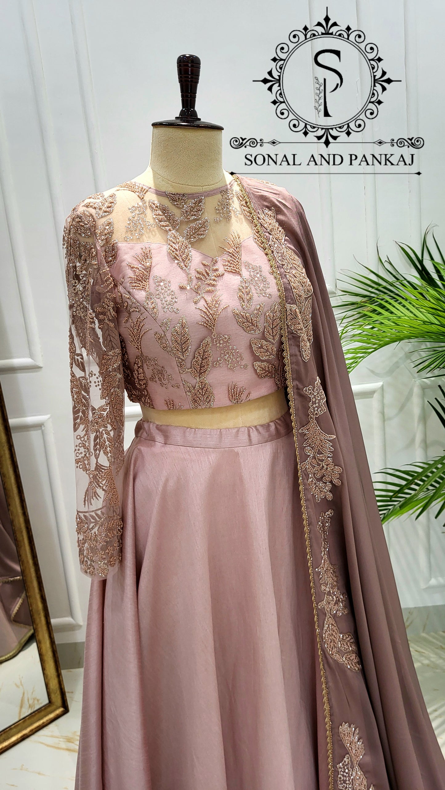 Dusty Mauve Duppatta With Dusty Blush Pink Embroidered Blouse & Lehenga - LH01565