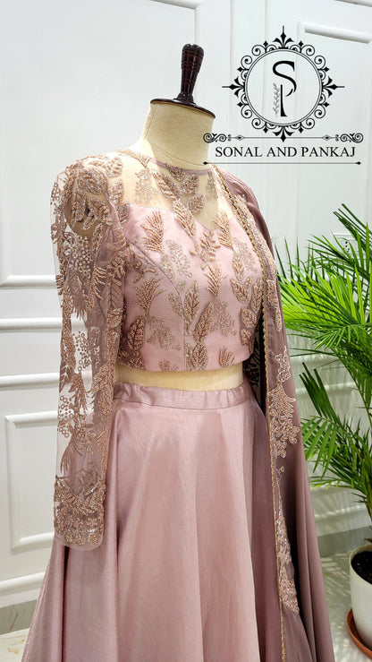 Dusty Mauve Duppatta With Dusty Blush Pink Embroidered Blouse & Lehenga - LH01565
