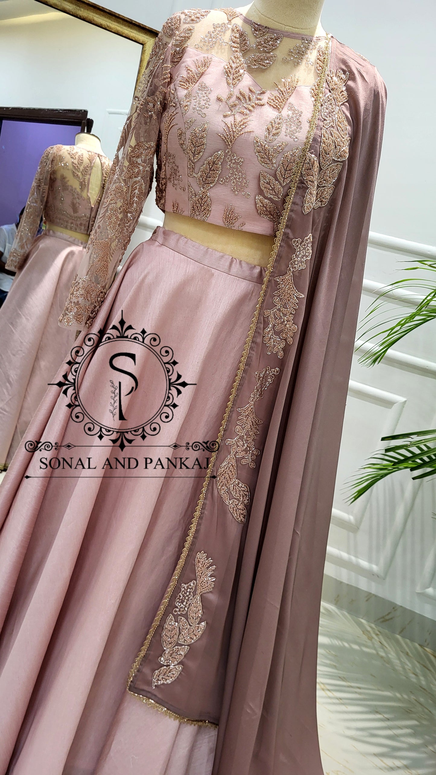 Dusty Mauve Duppatta With Dusty Blush Pink Embroidered Blouse & Lehenga - LH01565