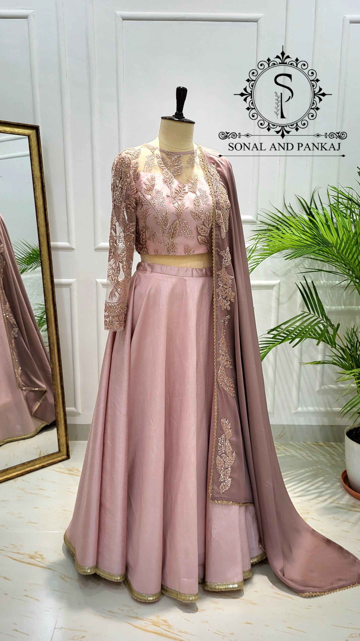 Dusty Mauve Duppatta With Dusty Blush Pink Embroidered Blouse & Lehenga - LH01565