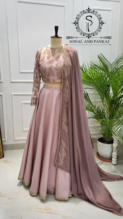 Dusty Mauve Duppatta With Dusty Blush Pink Embroidered Blouse & Lehenga - LH01565