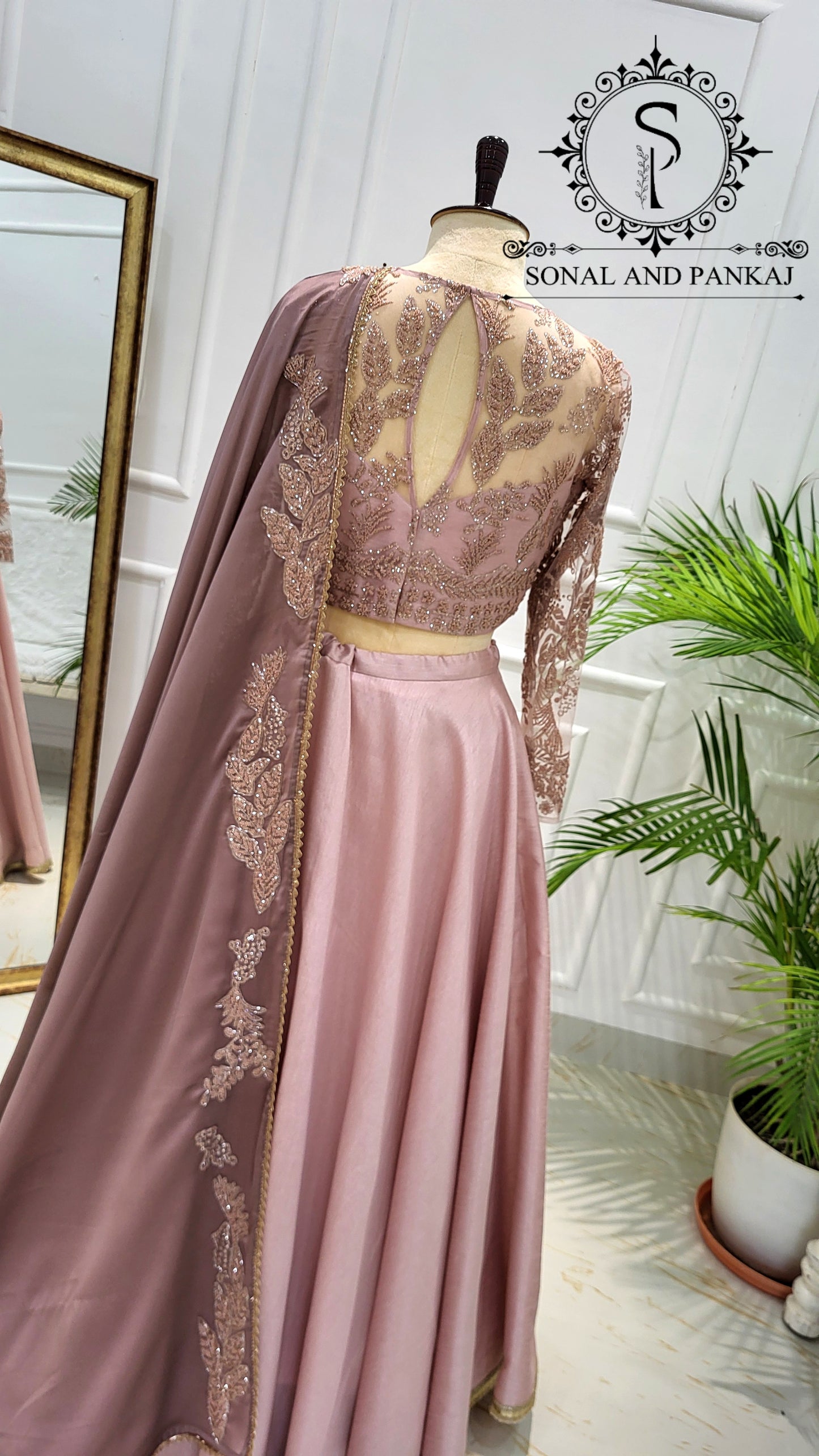 Dusty Mauve Duppatta With Dusty Blush Pink Embroidered Blouse & Lehenga - LH01565