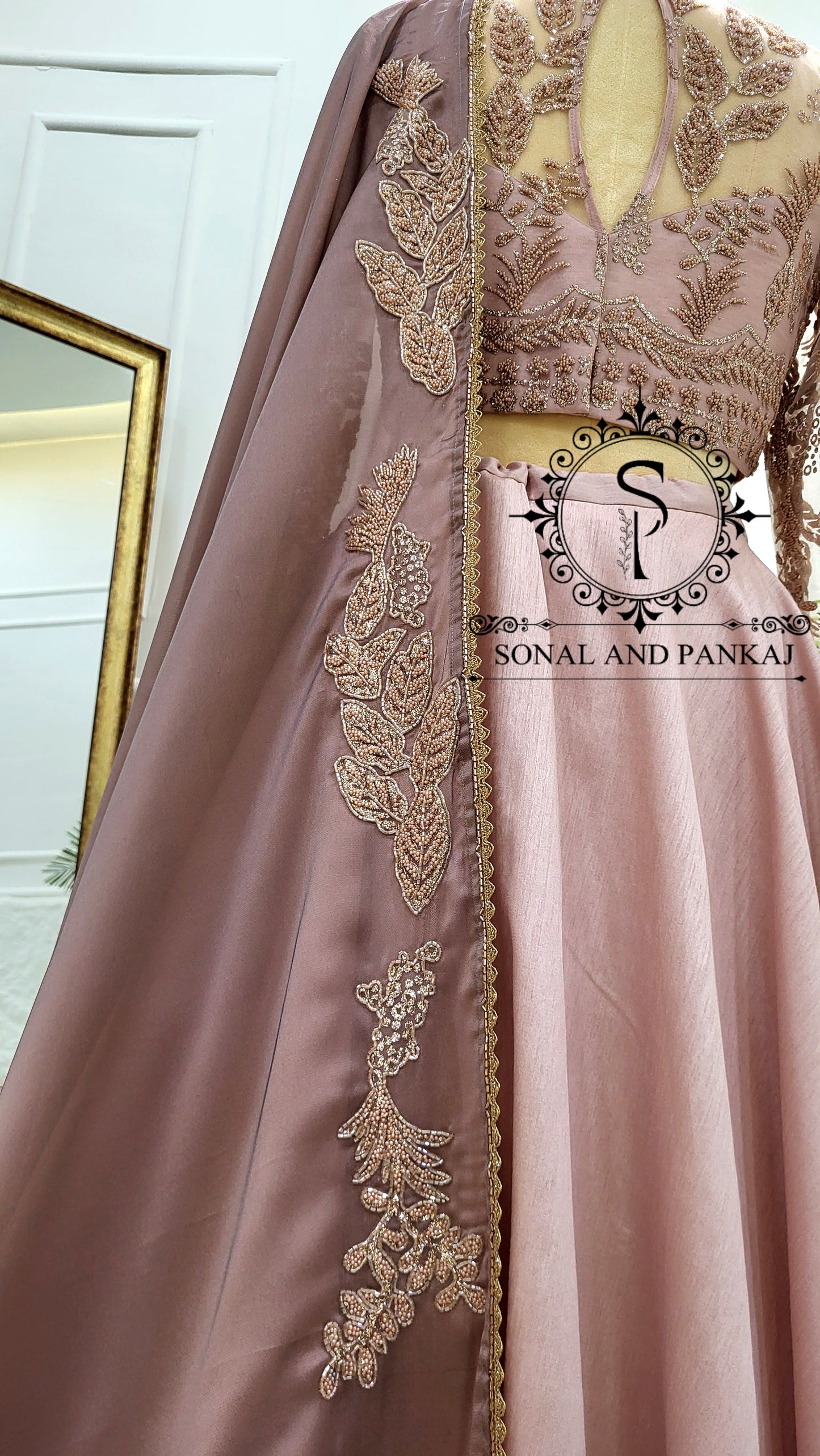 Dusty Mauve Duppatta With Dusty Blush Pink Embroidered Blouse & Lehenga - LH01565