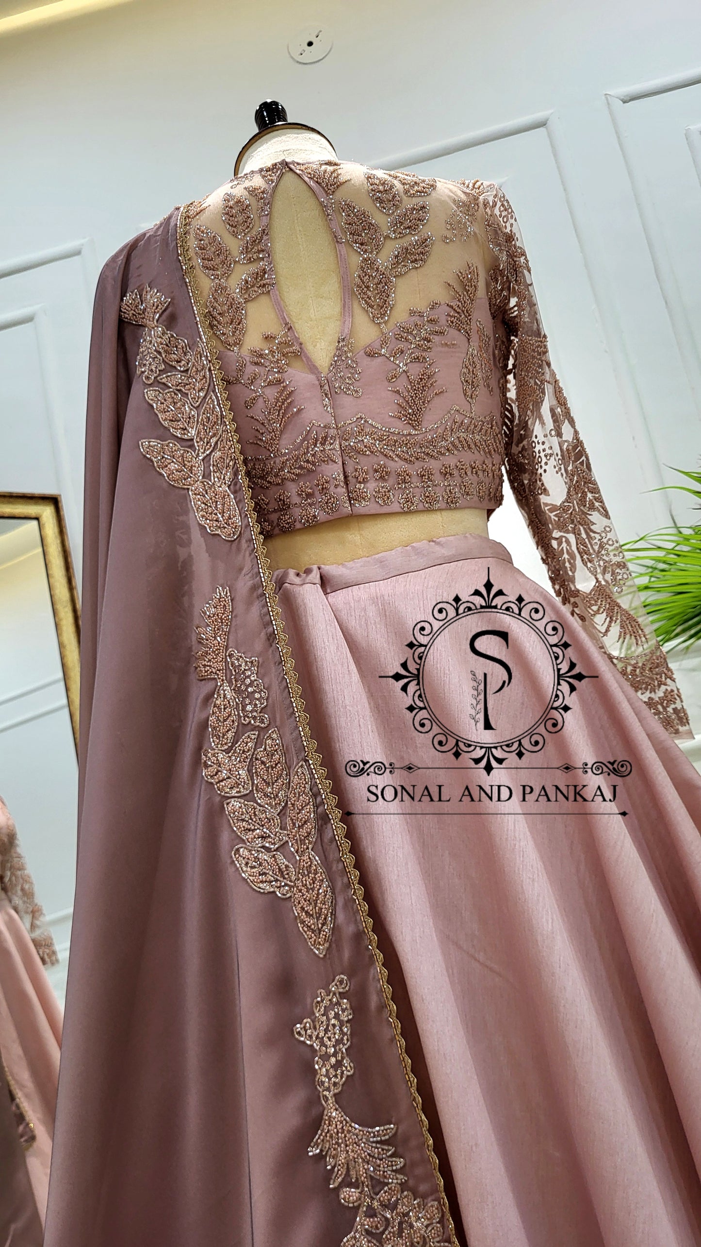 Dusty Mauve Duppatta With Dusty Blush Pink Embroidered Blouse & Lehenga - LH01565