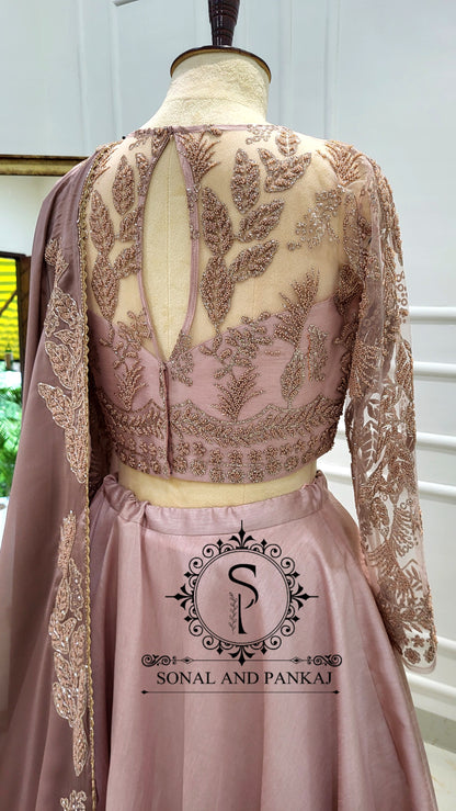 Dusty Mauve Duppatta With Dusty Blush Pink Embroidered Blouse & Lehenga - LH01565