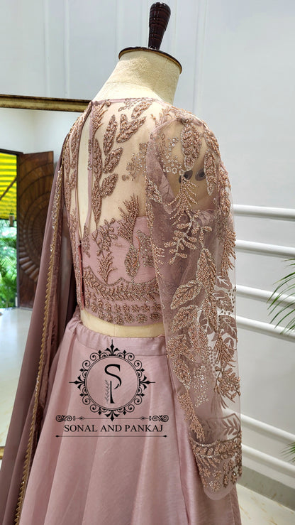Dusty Mauve Duppatta With Dusty Blush Pink Embroidered Blouse & Lehenga - LH01565