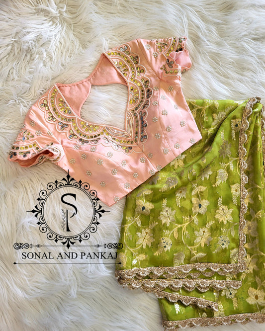 Peach Gotta Patti Hand Embroidered Blouse With Olive Green Floral Jaal Saree - SA01573