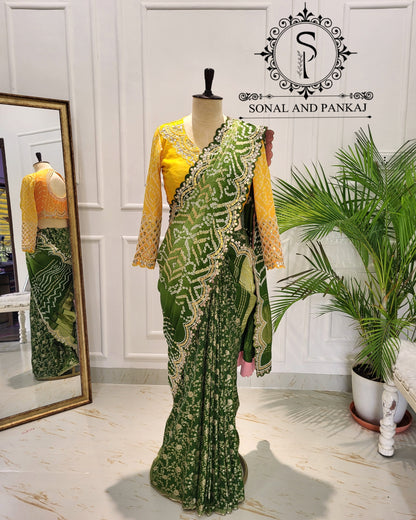 Yellow Gotta Patti Hand Embroidered Blouse & Olive Green Bandhani Saree - SA01575