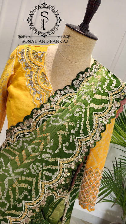 Yellow Gotta Patti Hand Embroidered Blouse & Olive Green Bandhani Saree - SA01575