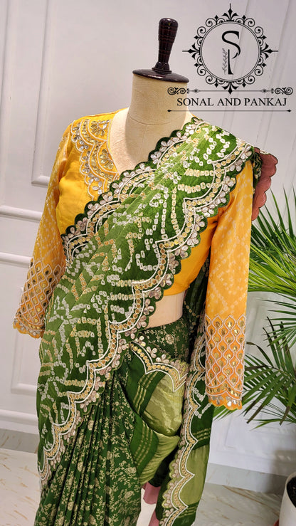 Yellow Gotta Patti Hand Embroidered Blouse & Olive Green Bandhani Saree - SA01575