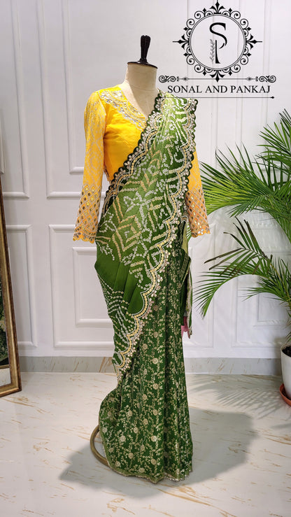 Yellow Gotta Patti Hand Embroidered Blouse & Olive Green Bandhani Saree - SA01575