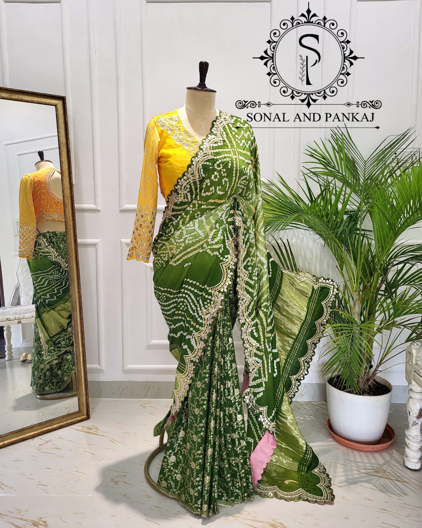 Yellow Gotta Patti Hand Embroidered Blouse & Olive Green Bandhani Saree - SA01575