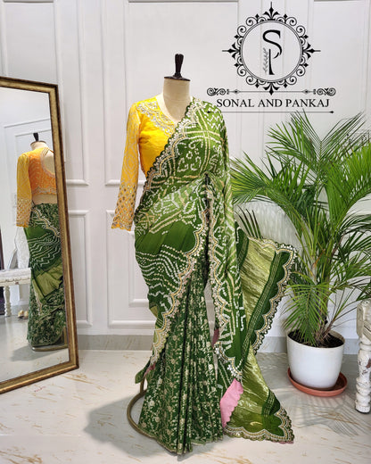 Yellow Gotta Patti Hand Embroidered Blouse & Olive Green Bandhani Saree - SA01575