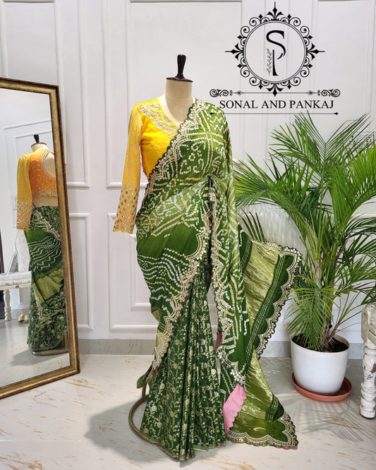 Yellow Gotta Patti Hand Embroidered Blouse & Olive Green Bandhani Saree - SA01575