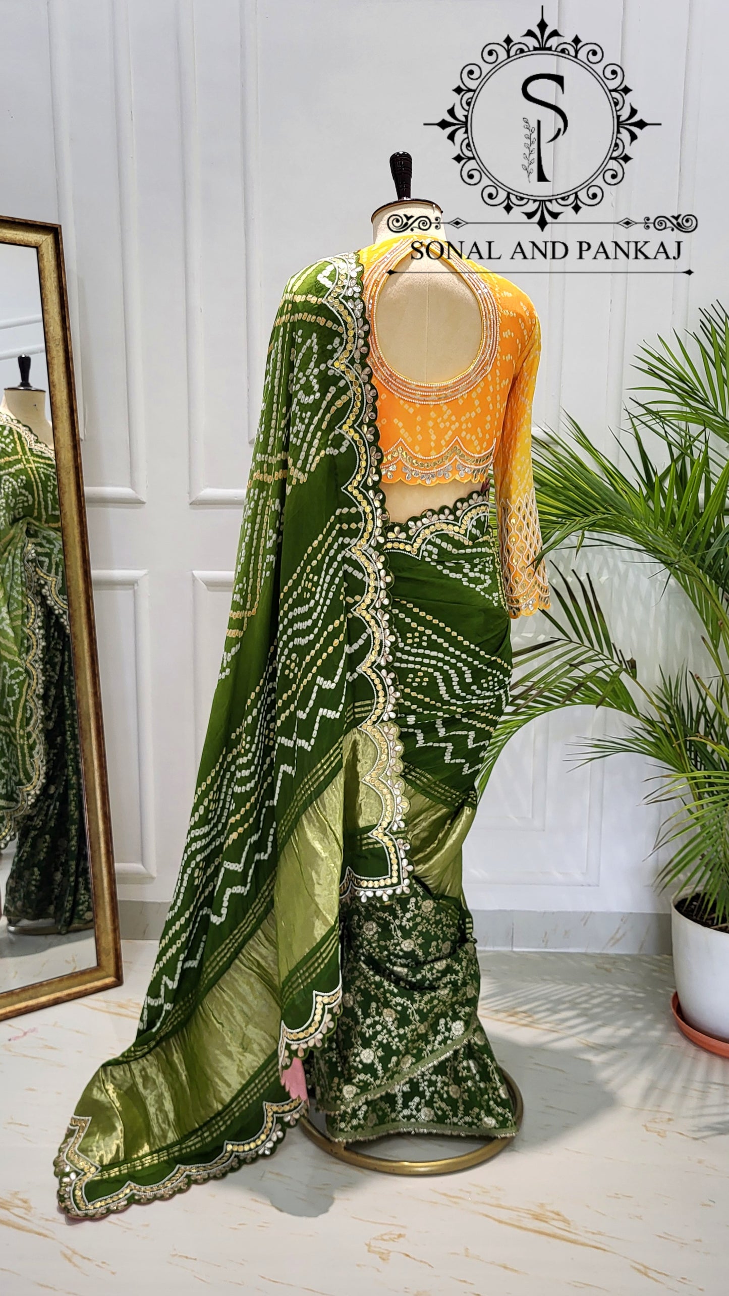 Yellow Gotta Patti Hand Embroidered Blouse & Olive Green Bandhani Saree - SA01575