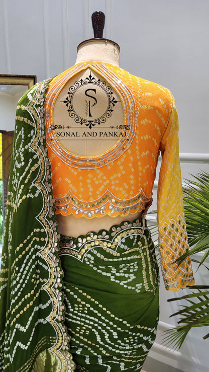 Yellow Gotta Patti Hand Embroidered Blouse & Olive Green Bandhani Saree - SA01575