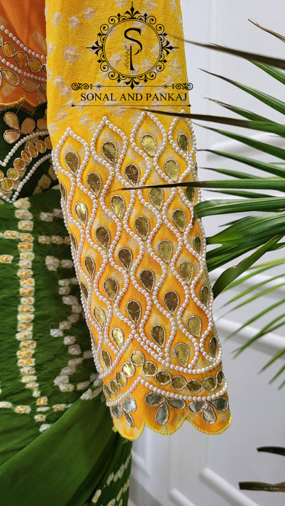 Yellow Gotta Patti Hand Embroidered Blouse & Olive Green Bandhani Saree - SA01575