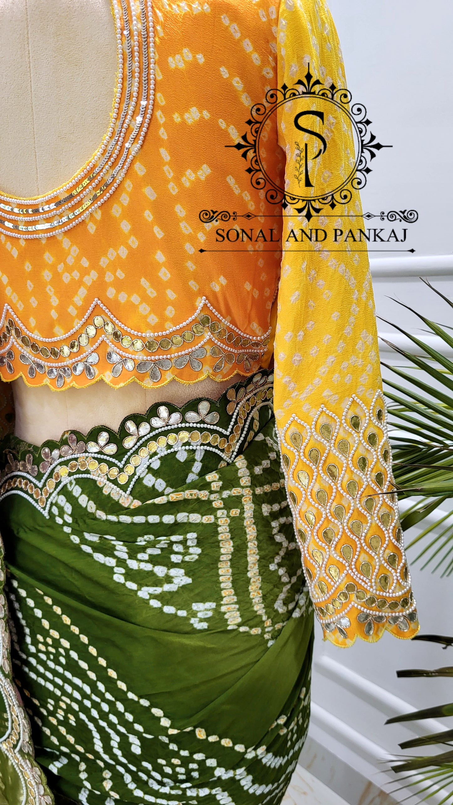 Yellow Gotta Patti Hand Embroidered Blouse & Olive Green Bandhani Saree - SA01575