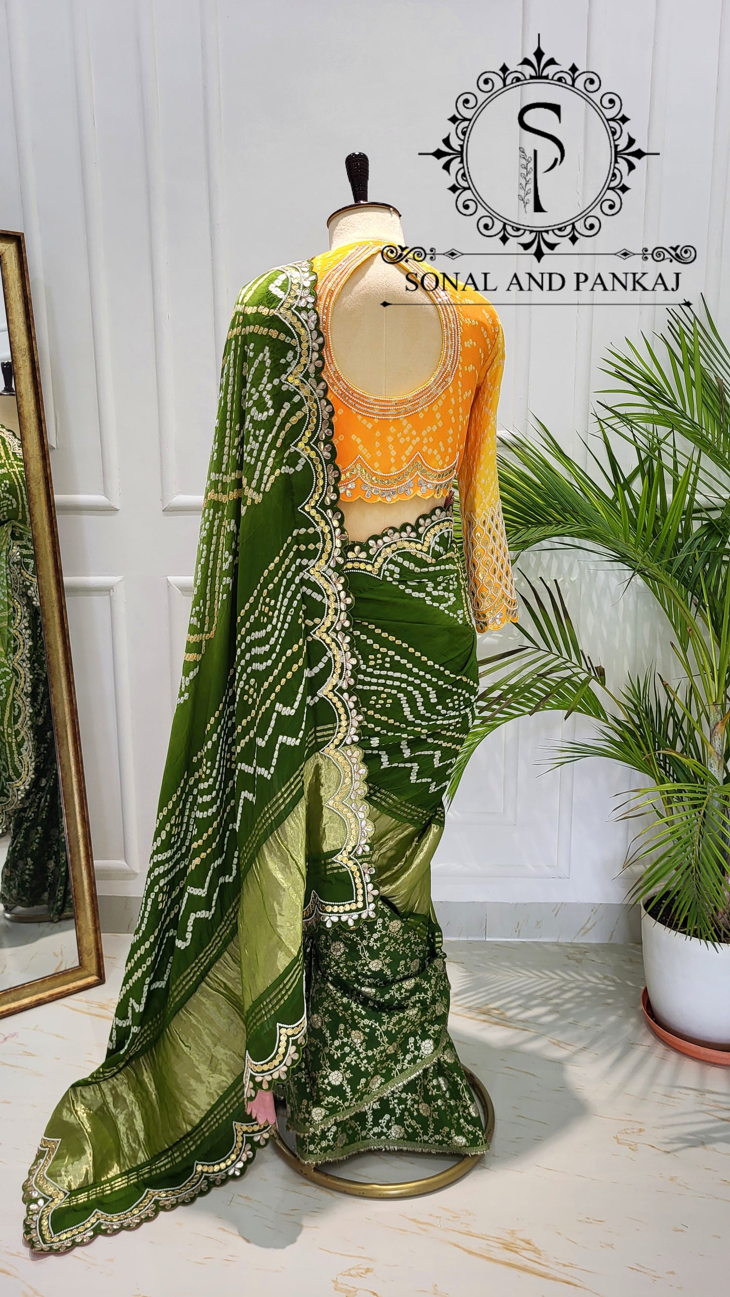 Yellow Gotta Patti Hand Embroidered Blouse & Olive Green Bandhani Saree - SA01575