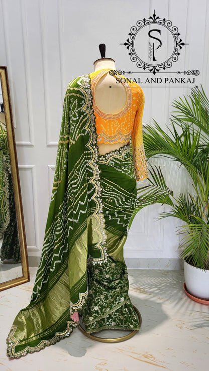 Yellow Gotta Patti Hand Embroidered Blouse & Olive Green Bandhani Saree - SA01575