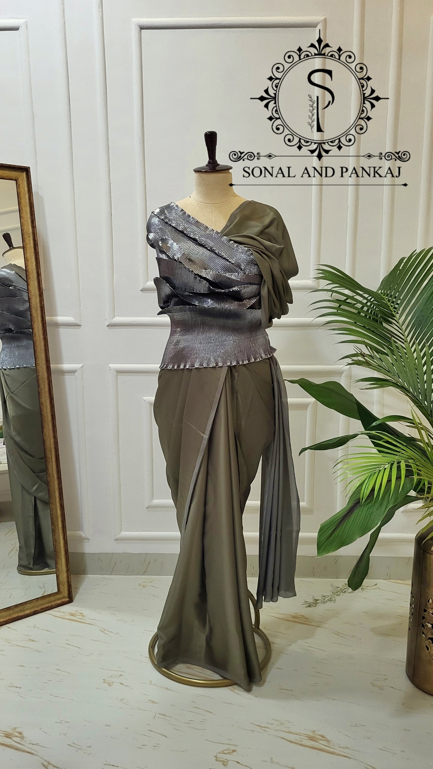 Desi Girl Vibe - Gun Metal Grey Top & Pre-pleated Saree - SA01578