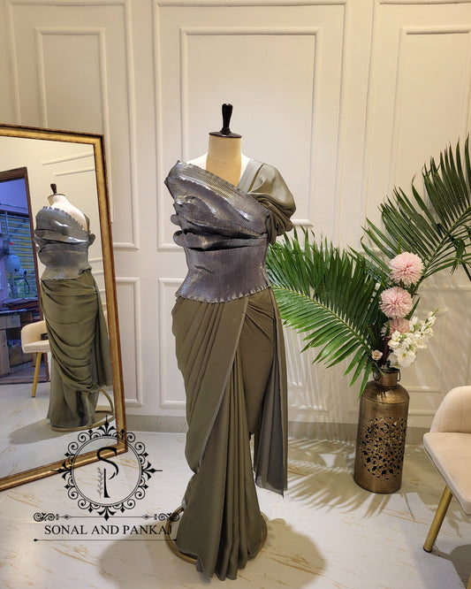 Desi Girl Vibe - Gun Metal Grey Top & Pre-pleated Saree - SA01578