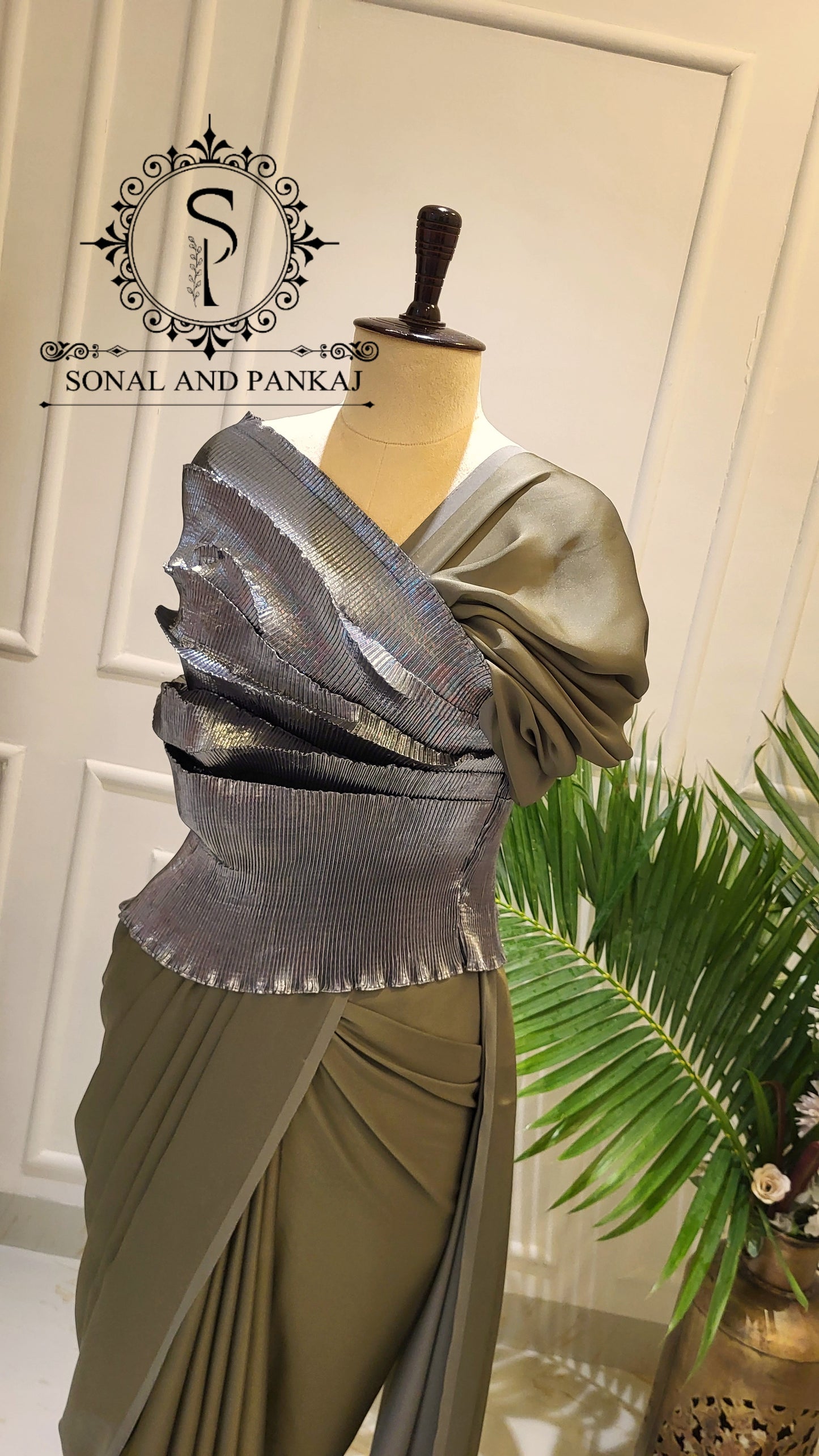 Desi Girl Vibe - Gun Metal Grey Top & Pre-pleated Saree - SA01578