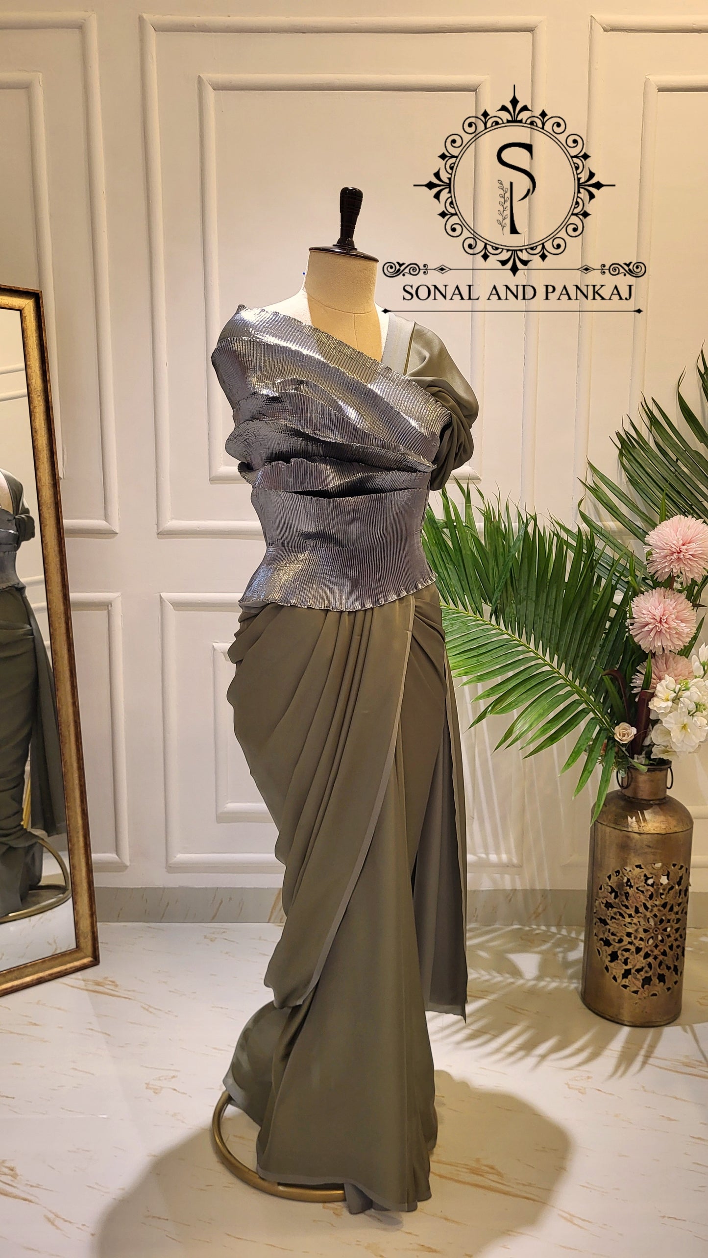Desi Girl Vibe - Gun Metal Grey Top & Pre-pleated Saree - SA01578