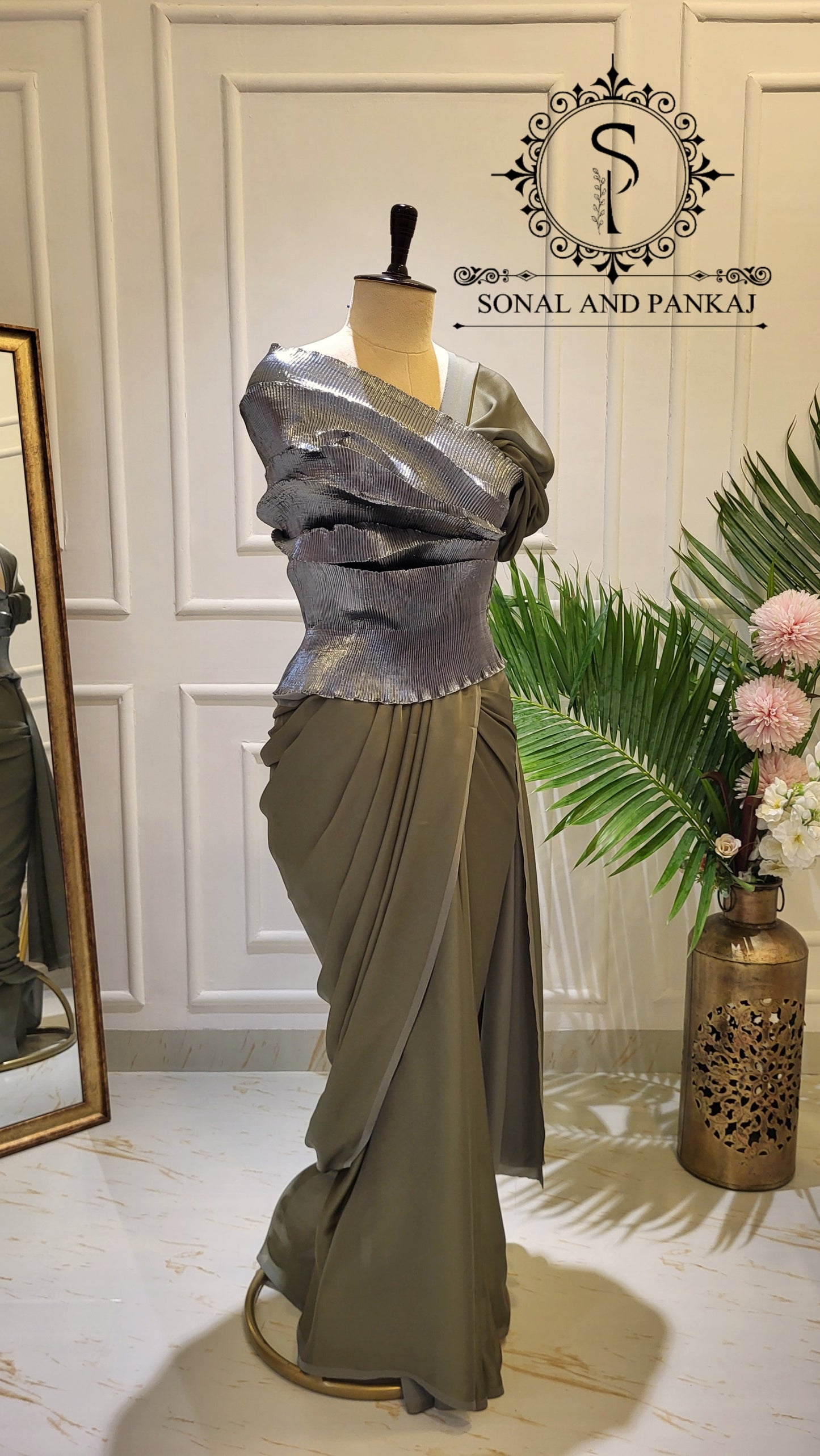 Desi Girl Vibe - Gun Metal Grey Top & Pre-pleated Saree - SA01578