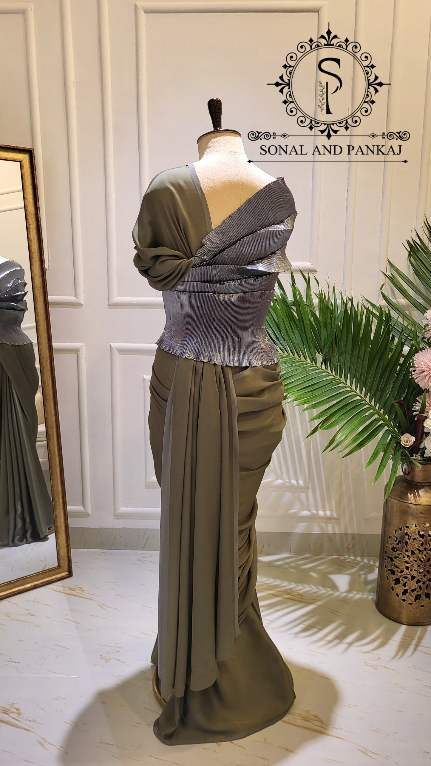 Desi Girl Vibe - Gun Metal Grey Top & Pre-pleated Saree - SA01578