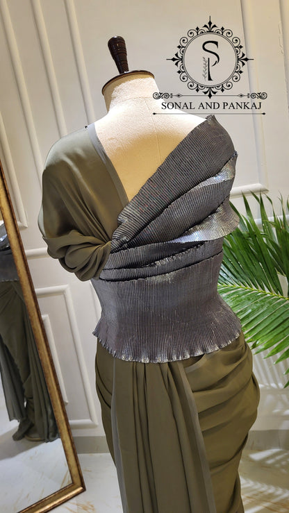 Desi Girl Vibe - Gun Metal Grey Top & Pre-pleated Saree - SA01578