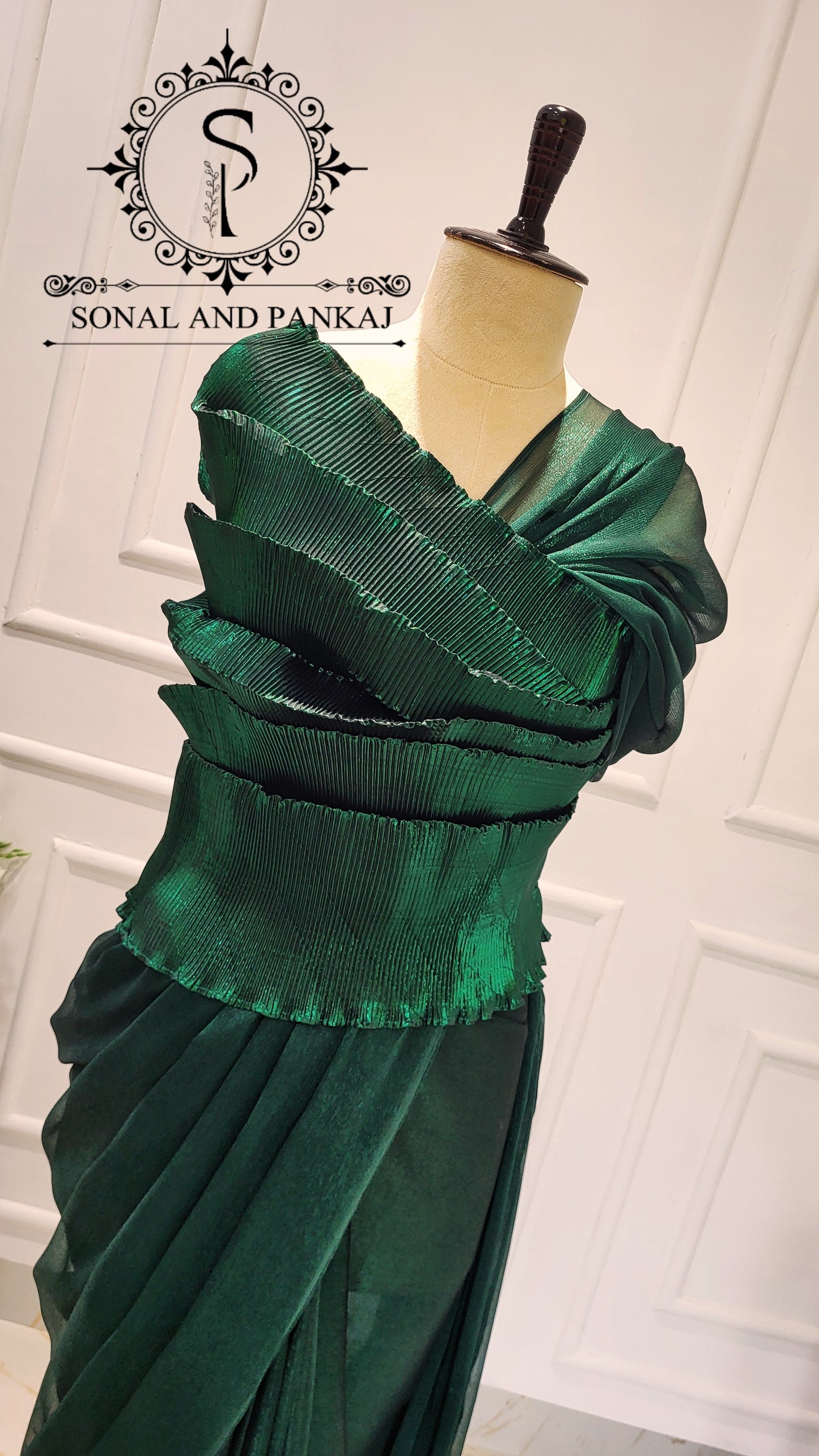 Desi Girl Vibe - Emerald Echo Top With Pre-pleated Saree - SA01577