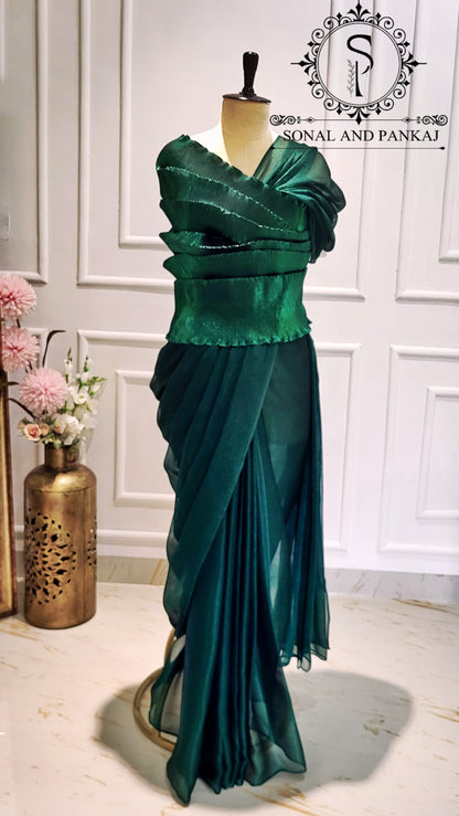 Desi Girl Vibe - Emerald Echo Top With Pre-pleated Saree - SA01577