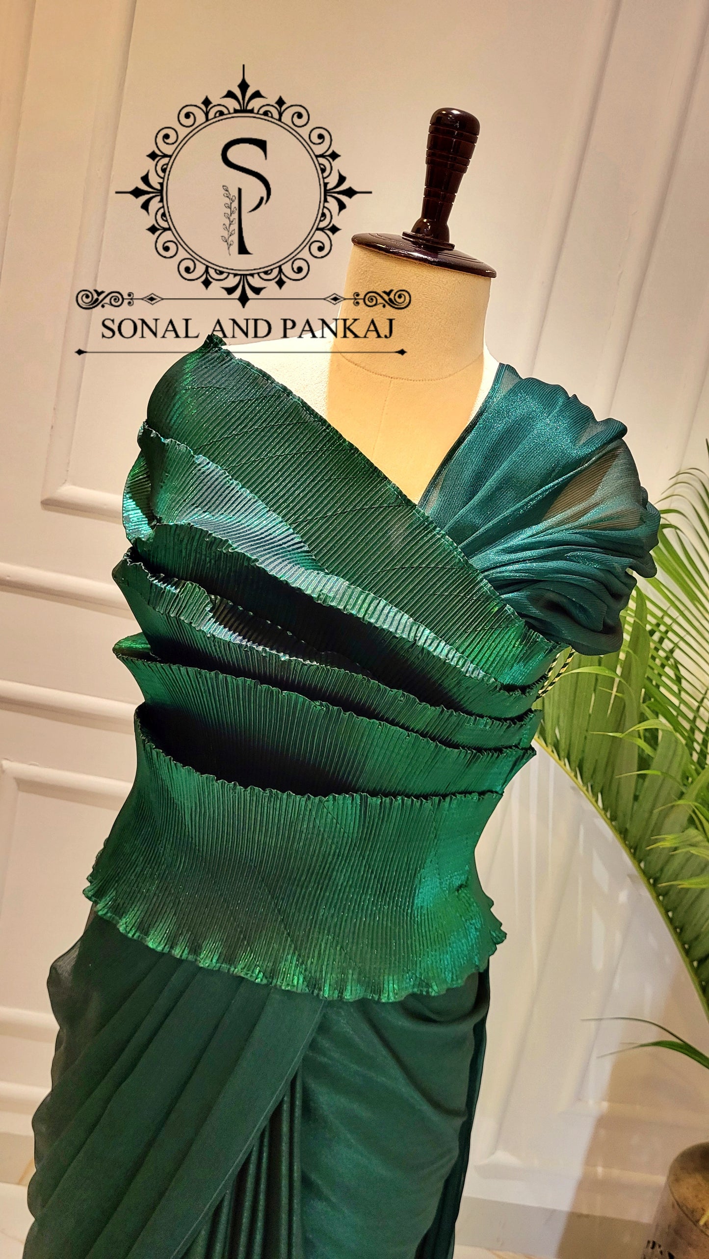 Desi Girl Vibe - Emerald Echo Top With Pre-pleated Saree - SA01577