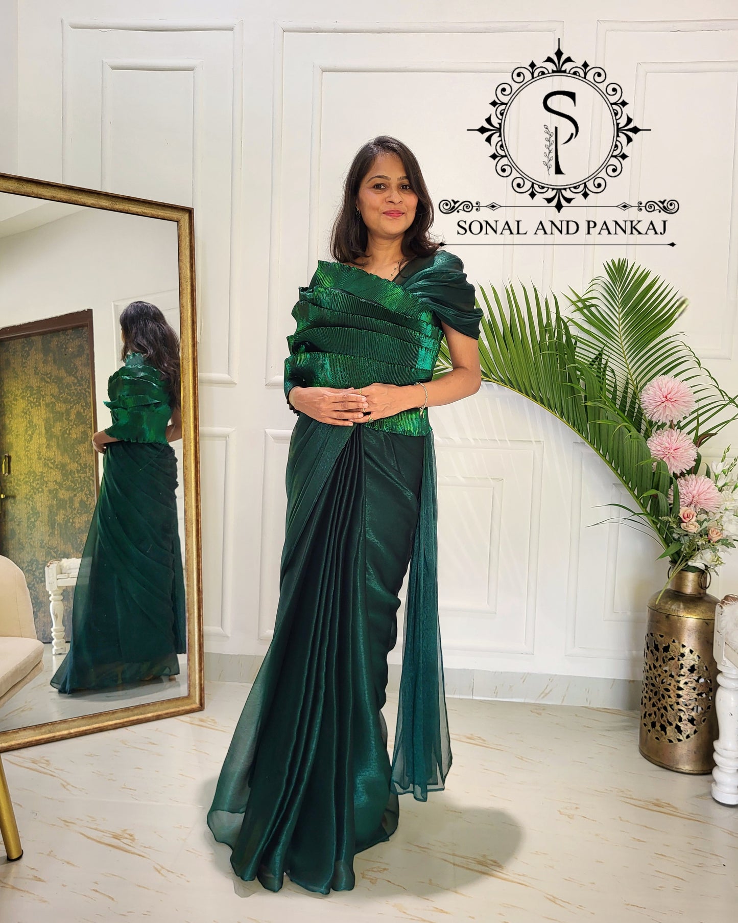 Desi Girl Vibe - Emerald Echo Top With Pre-pleated Saree - SA01577
